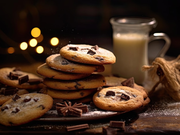 Chocolate cookies on on rustic wooden table