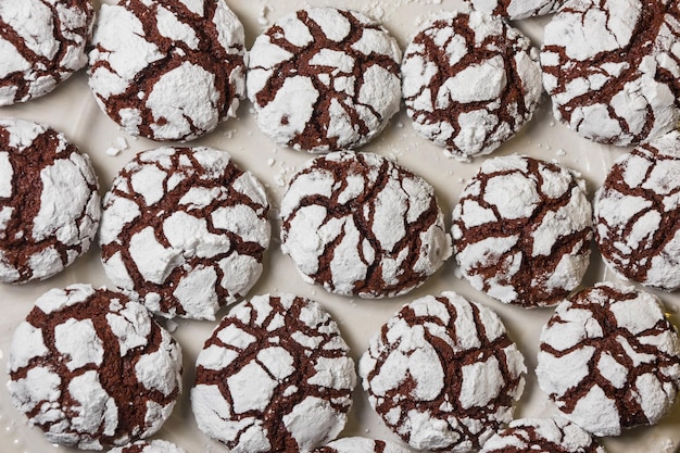 Chocolate cookies sprinkled with powdered sugar Fresh homemade cookies closeup on white background