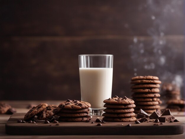 Chocolate cookies with glass of milk on wooden table food photography