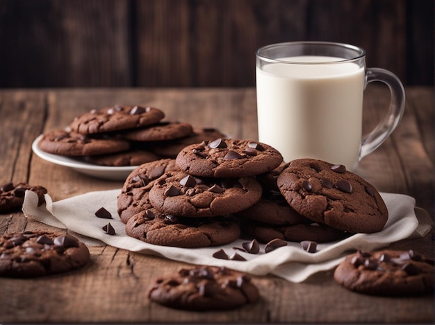 chocolate cookies with glass of milk on wooden table food photography