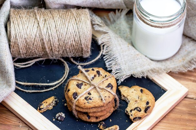 Chocolate cookies with glass of milk