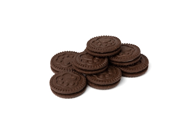 Chocolate cookies with milk filling isolated on white