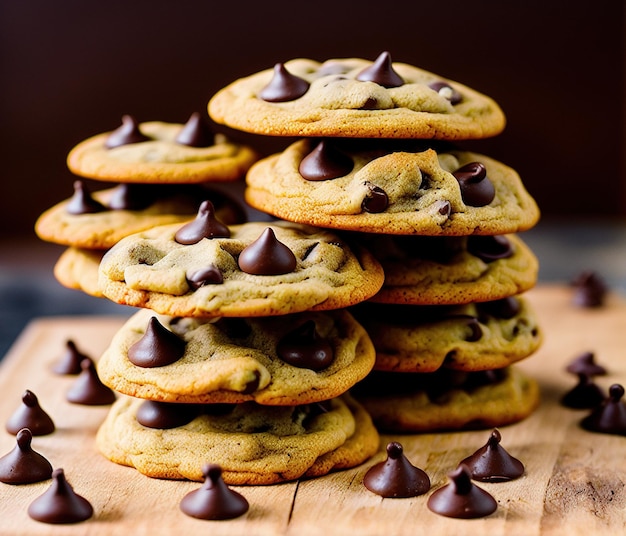 Chocolate cookies with nuts and milk on a wooden background