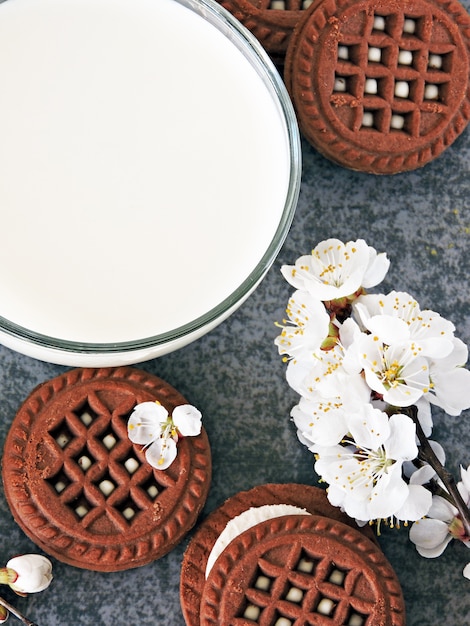 Chocolate cookies with white cream and sakura flowers