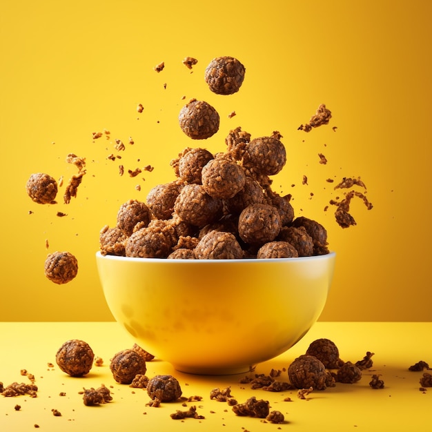 チョコレートのトウモロコシのボールが黄色い背景の上に鉢に落ちる
