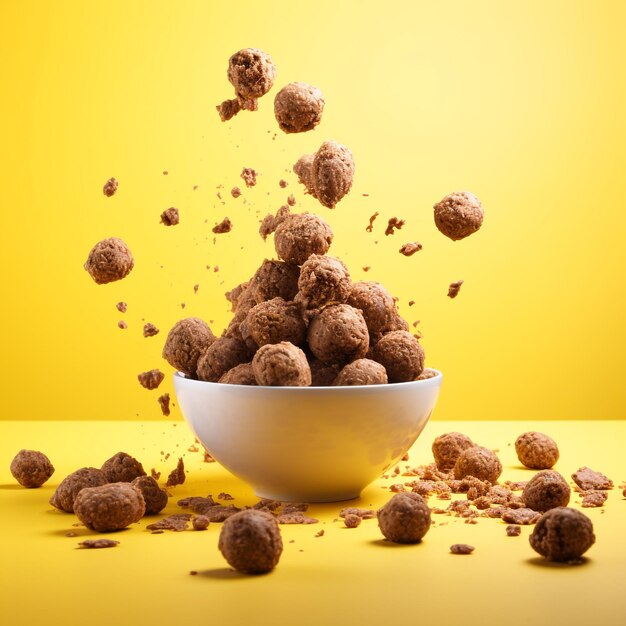 chocolate corn balls falling in bowl over yellow background