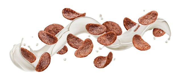 Fiocchi di mais al cioccolato con spruzzi di latte isolati su sfondo bianco Foto Premium