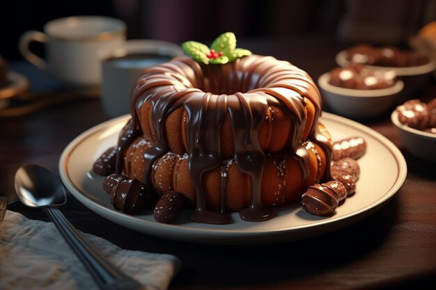 a chocolate covered bundt cake on a plate