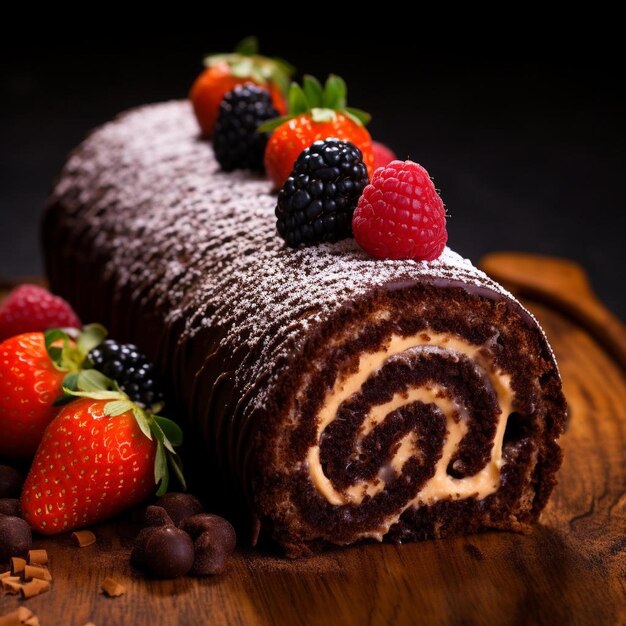шоколадный торт с ягодами и ягодами сверху.