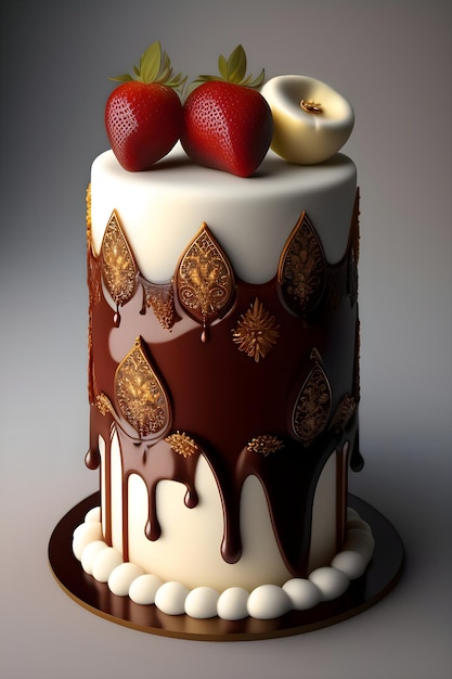 A chocolate covered cake with strawberries and chocolate drizzled on top.