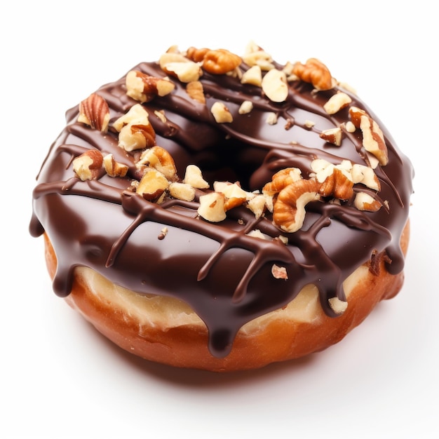 a chocolate covered donut with nuts and nuts on it