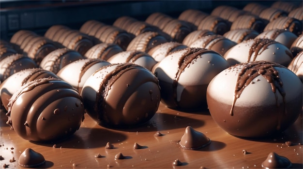 A chocolate covered egg sits on a table with chocolates in the background.