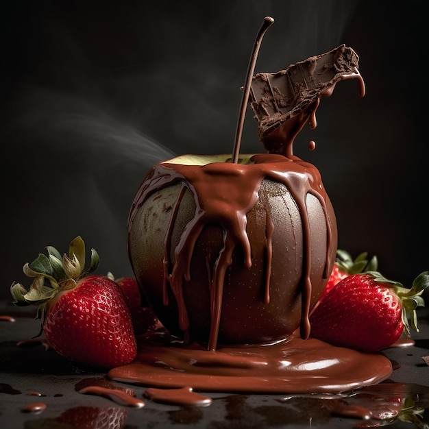 Ваза с фруктами, покрытая шоколадом, по центру которой стекает шоколадный соус.