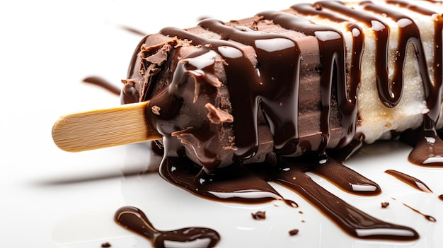 A chocolate covered ice cream on a stick with chocolate sauce on it.