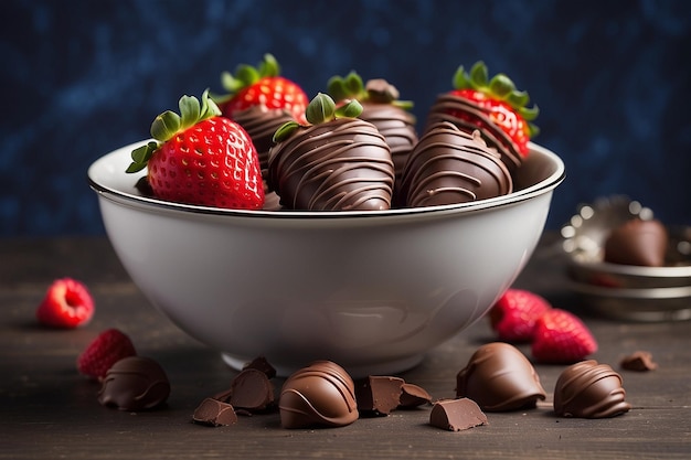 Photo chocolate covered strawberries in bowl for product