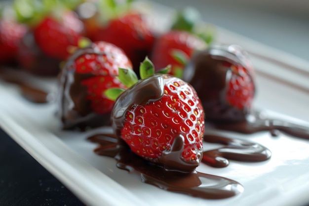 Foto fragole ricoperte di cioccolato su un piatto bianco