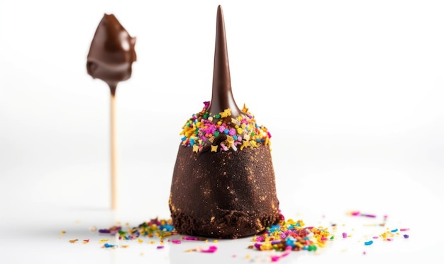 A chocolate covered strawberry cake pops with sprinkles on top.