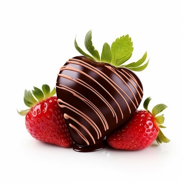 A chocolate covered strawberry with chocolate drizzled over it.