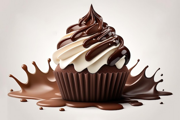Chocolate Cream Cupcake with Chocolate Sauce Sweet Dessert Baked Food Generative AI