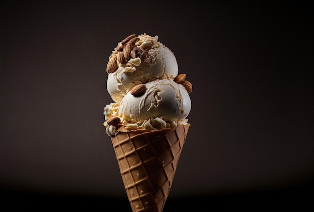 Chocolate and cream Hazelnut and almond ice cream cone on a dark backdrop
