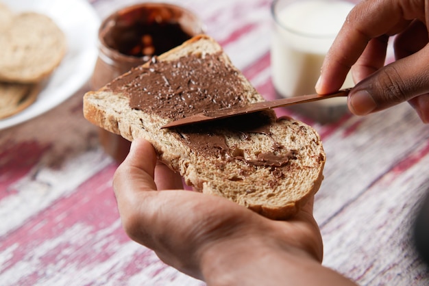 Chocolate cream spread on toast