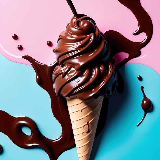 Chocolate cream with ice and chocolate on pink backgroundchocolate ice cream with spoon on blue bac