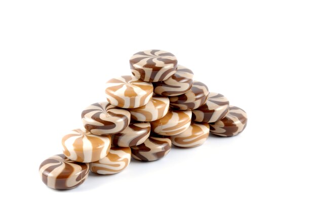 Chocolate-creamy of a sweet sugar candies laid by a hill on a white background