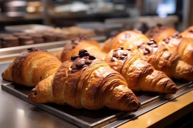 Chocolate croissants in bakery