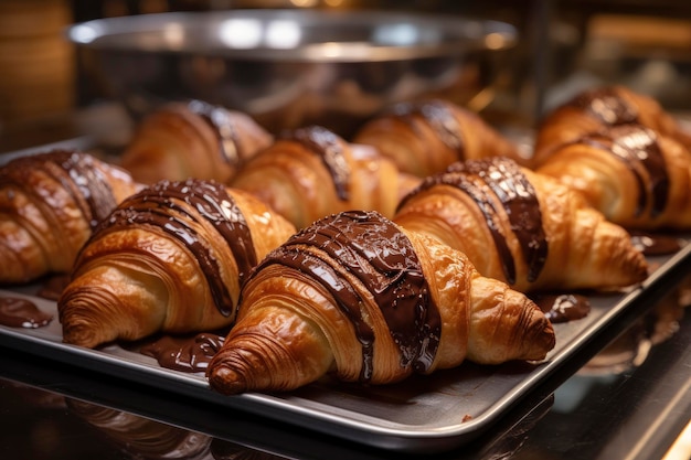 Chocolate croissants in bakery