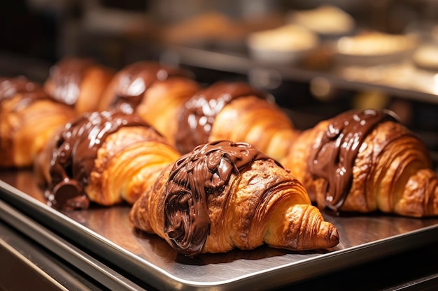 Chocolate croissants in bakery