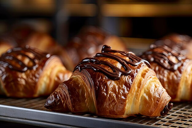 Chocolate croissants in bakery