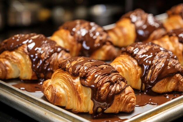 Chocolate croissants in bakery