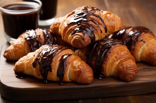 Photo chocolate croissants with coffee ideal breakfast pairing