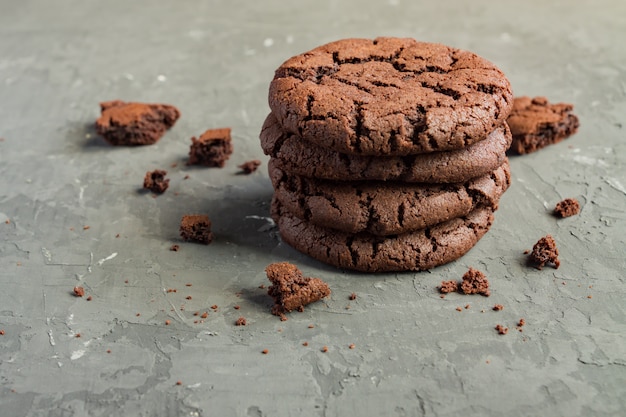 Chocolate crunchy cookies - american sweet food. Side view with copy space