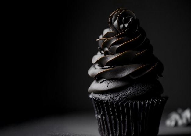 chocolate cupcake on dark background with empty space for text