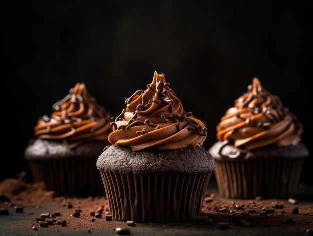 Chocolate cupcake on dark wooden background Generative AI