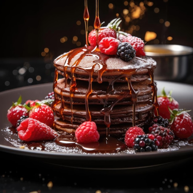 Chocolate cupcake and pancakes with berries and drizzle