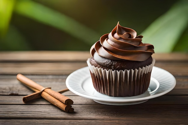 chocolate cupcake in a plate at wooden table