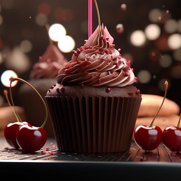 a chocolate cupcake with cherry on a clear background