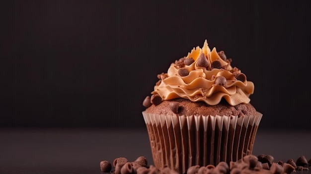 A chocolate cupcake with chocolate chips on a black background