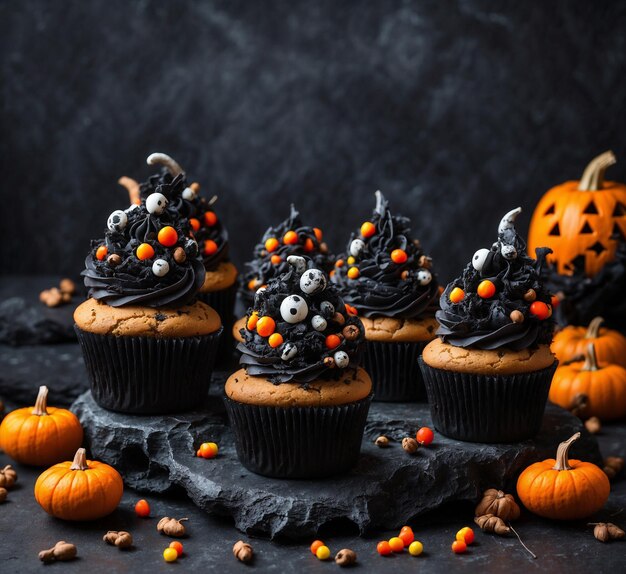 Chocolate cupcake with chocolate cream and burning candles on a brown background