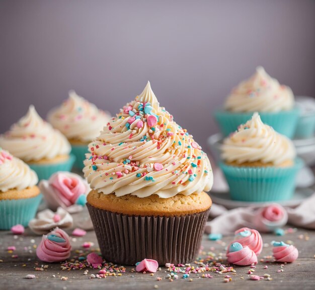 Chocolate cupcake with chocolate cream and burning candles on a brown background