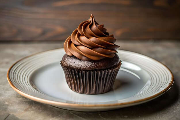Chocolate cupcake with chocolate frosting on a plate