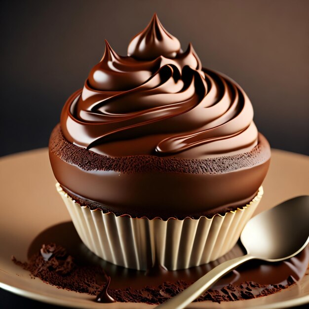 A chocolate cupcake with chocolate frosting and a spoon on a plate.