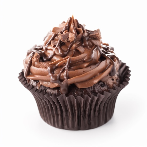 A chocolate cupcake with chocolate frosting and a sprinkle of chocolate frosting.