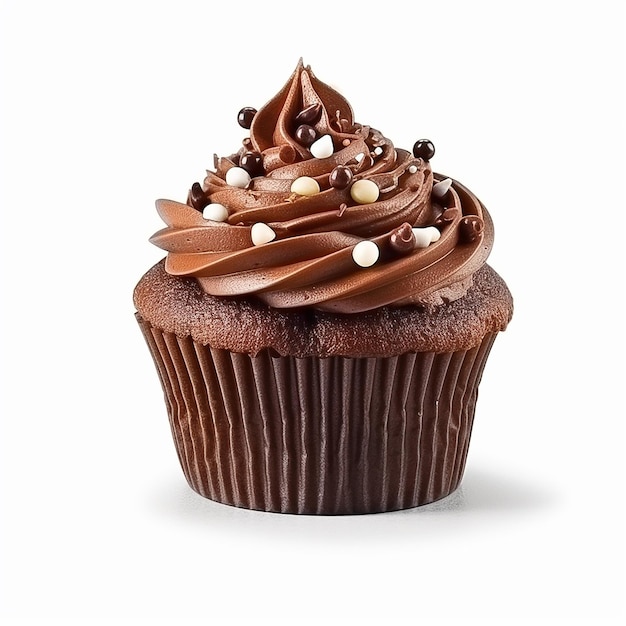 A chocolate cupcake with chocolate frosting and a sprinkle of chocolate icing.