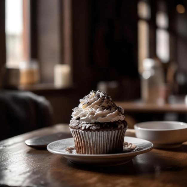 Chocolate cupcake with mint on wooden table