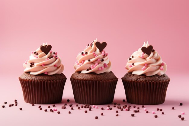 Chocolate cupcake with pink frosting decorated with the hearts