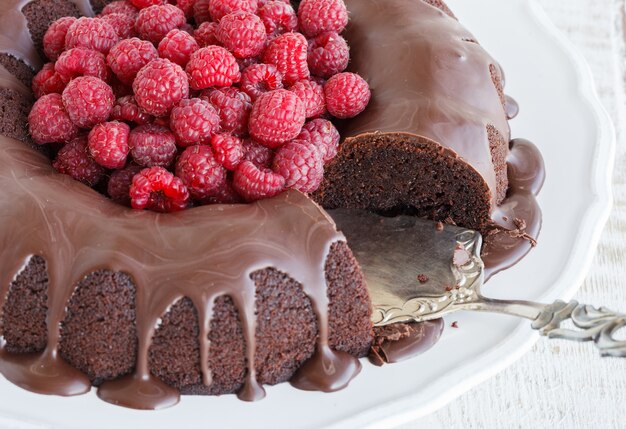 Chocolate cupcake with raspberry and chocolate glaze.