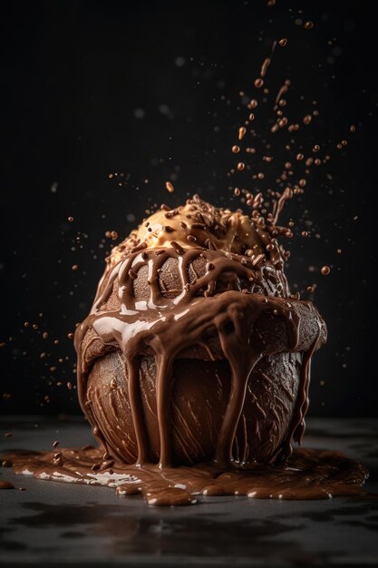 A chocolate cupcake with a scoop of ice cream and a chocolate sauce dripping down the side.